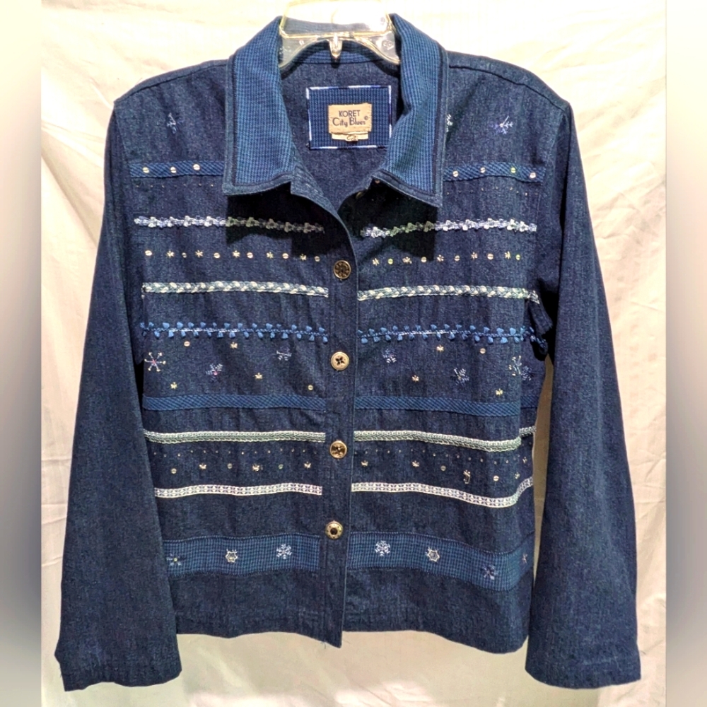 Koret City Blues Embroidered Denim Jacket Blazer 1990's Vintage Boho Cottagecore